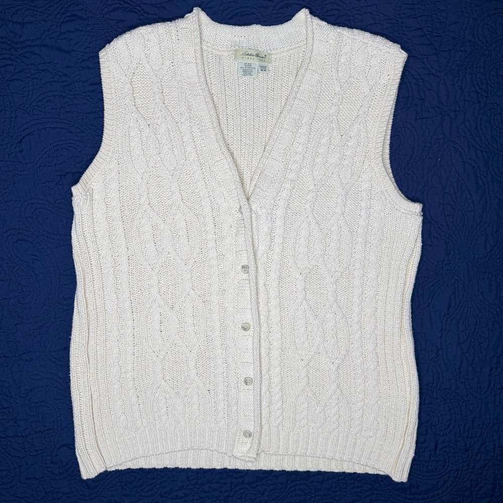 Eddie Bauer Cable Knit Sweater Vest Womens Medium Ivory Cotton Preppy Classic M